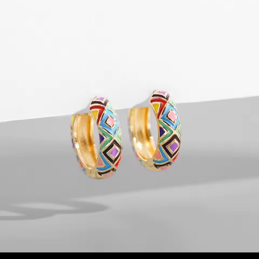 Colorful Enamel Geometric Hoop Earrings - Picture 3 of 6
